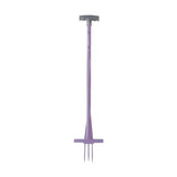 Purple rag-fork gardening fork with gray t-shaped handle and three metal tines to remove ragwort and paddock weeds quickly