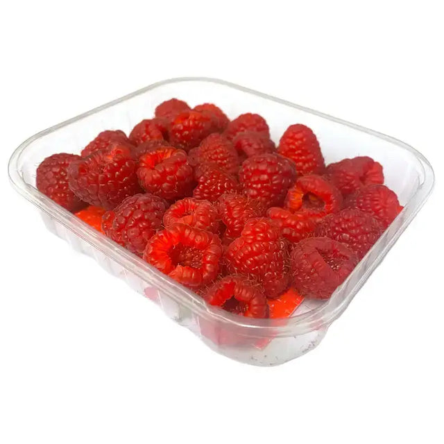A clear plastic container of vibrant red raspberries perfect for a healthy snack after equestrian rides with horses