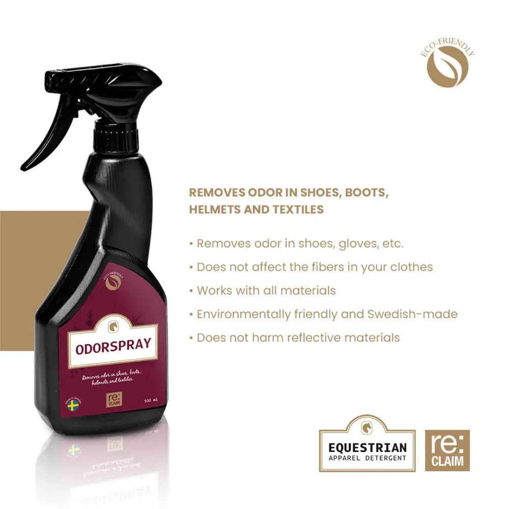 Black odour spray bottle with maroon label odorspray and swedish flag for equestrian gear and horse textiles