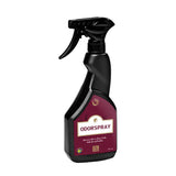 Black spray bottle with maroon label reading odorspray for equestrian use to freshen horses and clothing odors