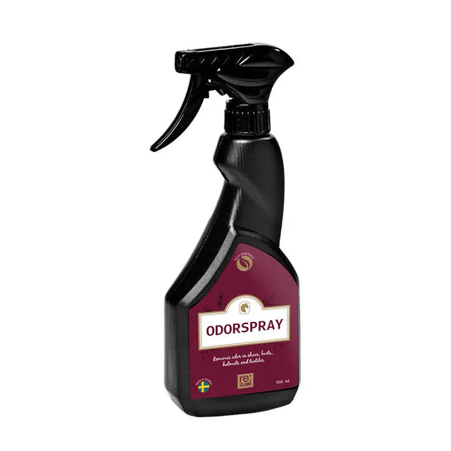Black spray bottle with maroon label reading odorspray for equestrian use to freshen horses and clothing odors
