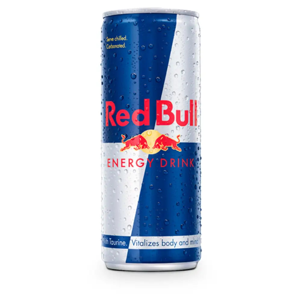 A chilled dewy red bull energy drink can with blue and silver design showing the red bulls logo for energy boost