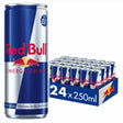 Blue and silver red bull tinned drink can with red logo and two charging bulls for bull tinned energy boost