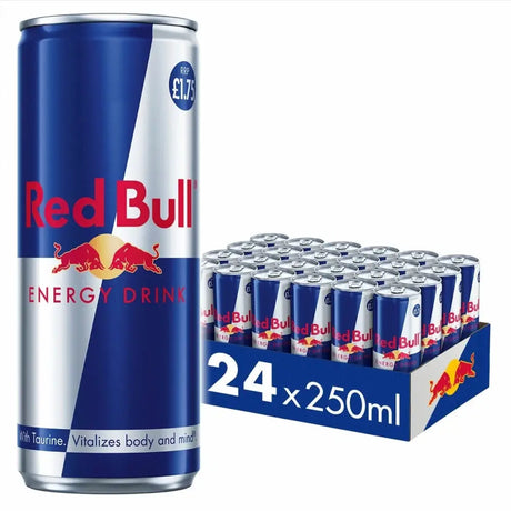 Blue and silver red bull tinned drink can with red logo and two charging bulls for bull tinned energy boost