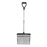 Black plastic-handled gorilla bedding fork short d-handle with silver metal shaft and black metal tines for red gorilla bedding