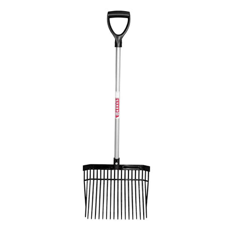 Black plastic-handled gorilla bedding fork short d-handle with silver metal shaft and black metal tines for red gorilla bedding