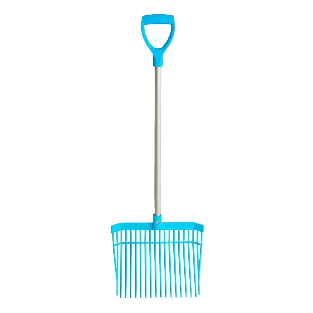Bright blue plastic gorilla bedding fork short d-handle with silver metal shaft for red gorilla bedding tasks