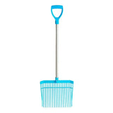 Bright blue plastic gorilla bedding fork short d-handle with silver metal shaft for red gorilla bedding tasks