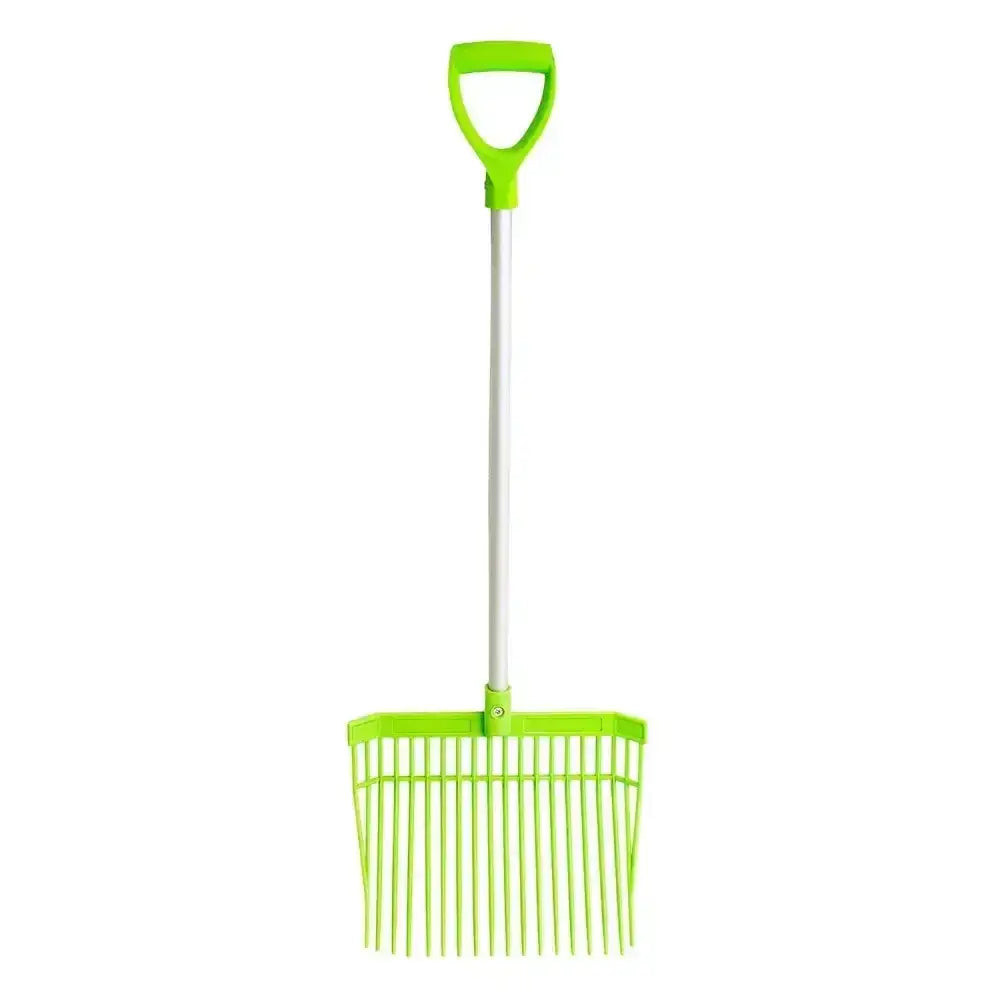 Bright lime green plastic gorilla bedding fork short d-handle with white handle and evenly spaced tines