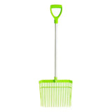 Bright lime green plastic gorilla bedding fork short d-handle with white handle and evenly spaced tines
