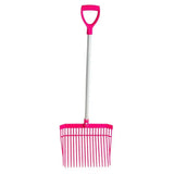 Red gorilla bedding fork short d-handle with bright pink plastic rake head and silver metal shaft and handle