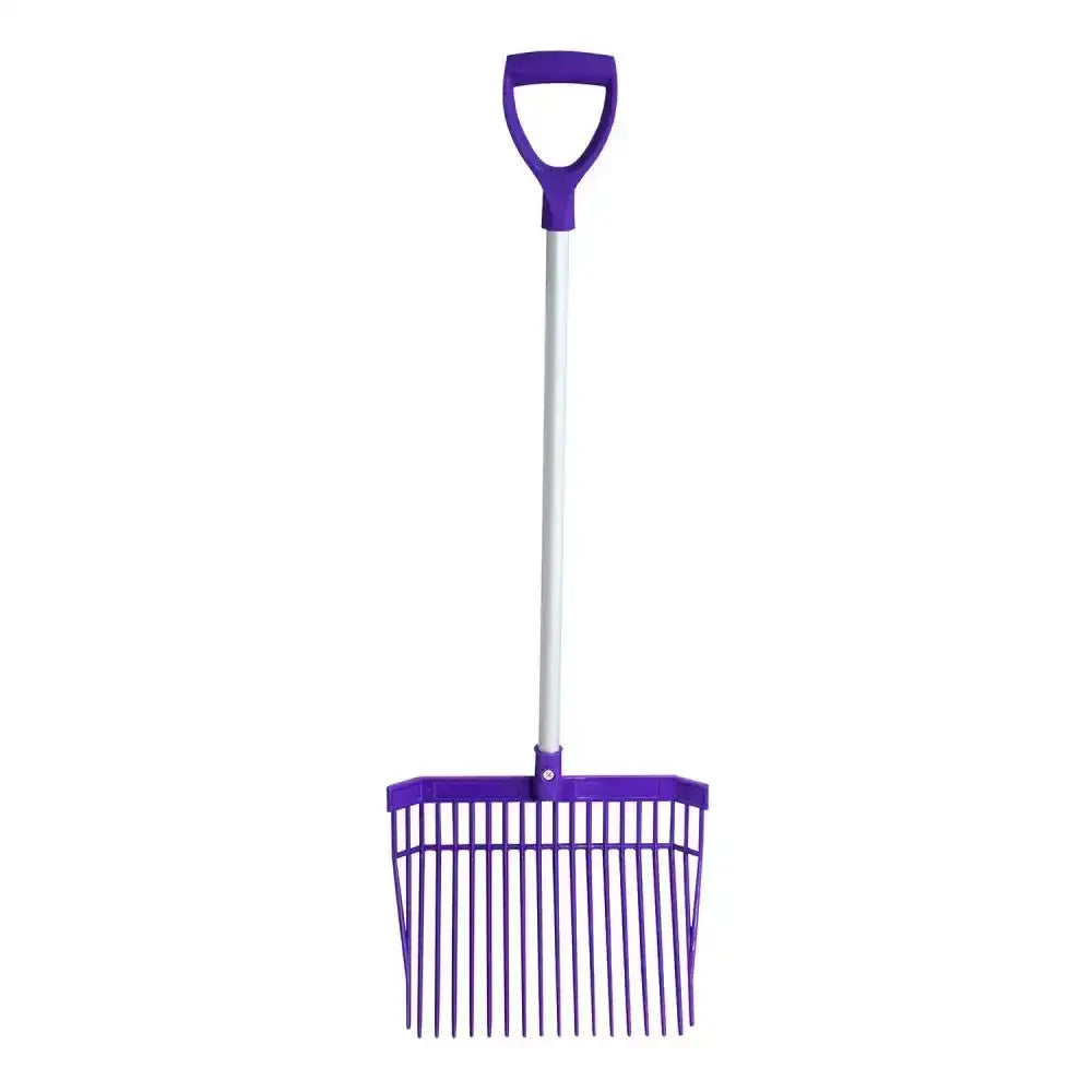 Purple plastic red gorilla bedding fork short d-handle with white handle and multiple tines for easy bedding use