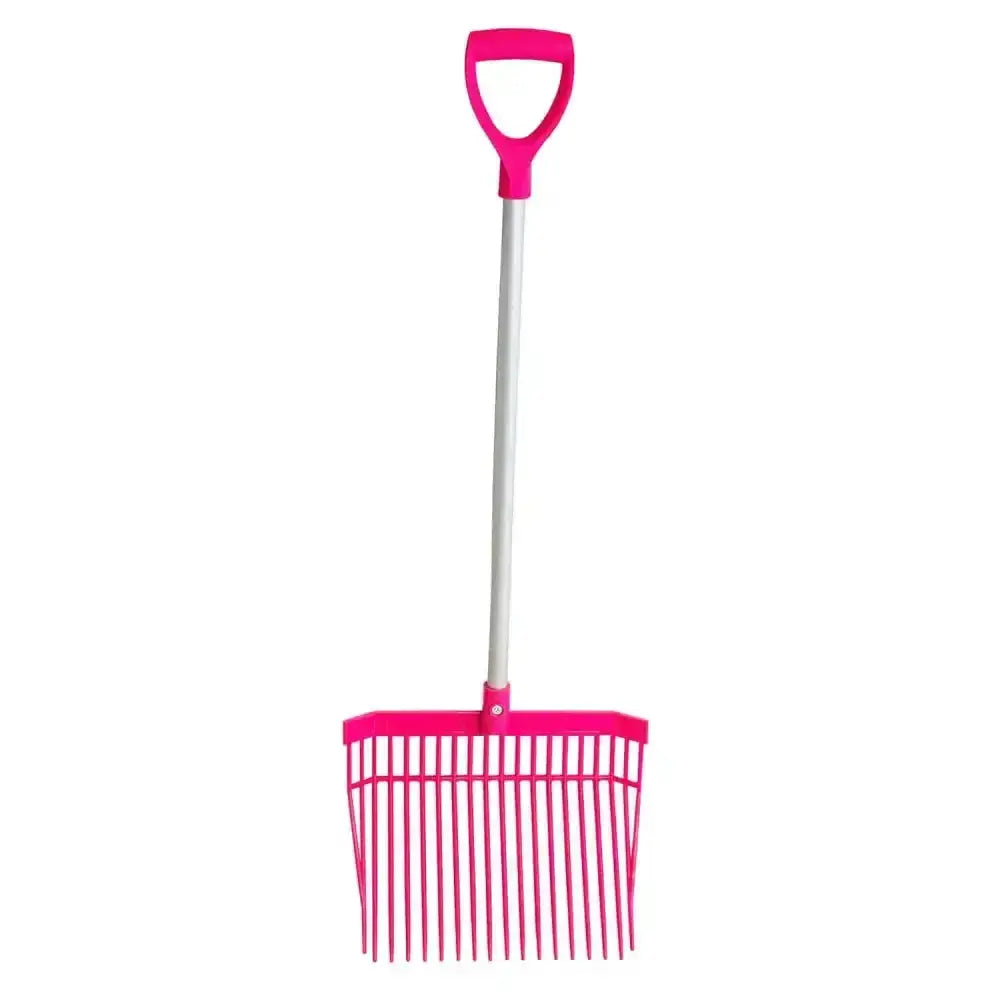 Bright pink plastic gorilla bedding fork short d-handle with white handle and d-shaped grip for easy use