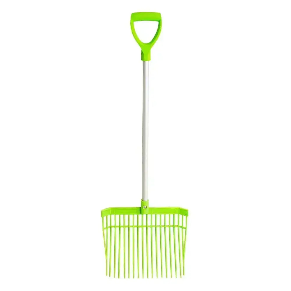 Bright lime green plastic red gorilla bedding fork short d-handle with white metal shaft and handle for easy use