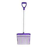 Red gorilla bedding fork short d-handle with purple plastic tines and white handle for easy bedding use