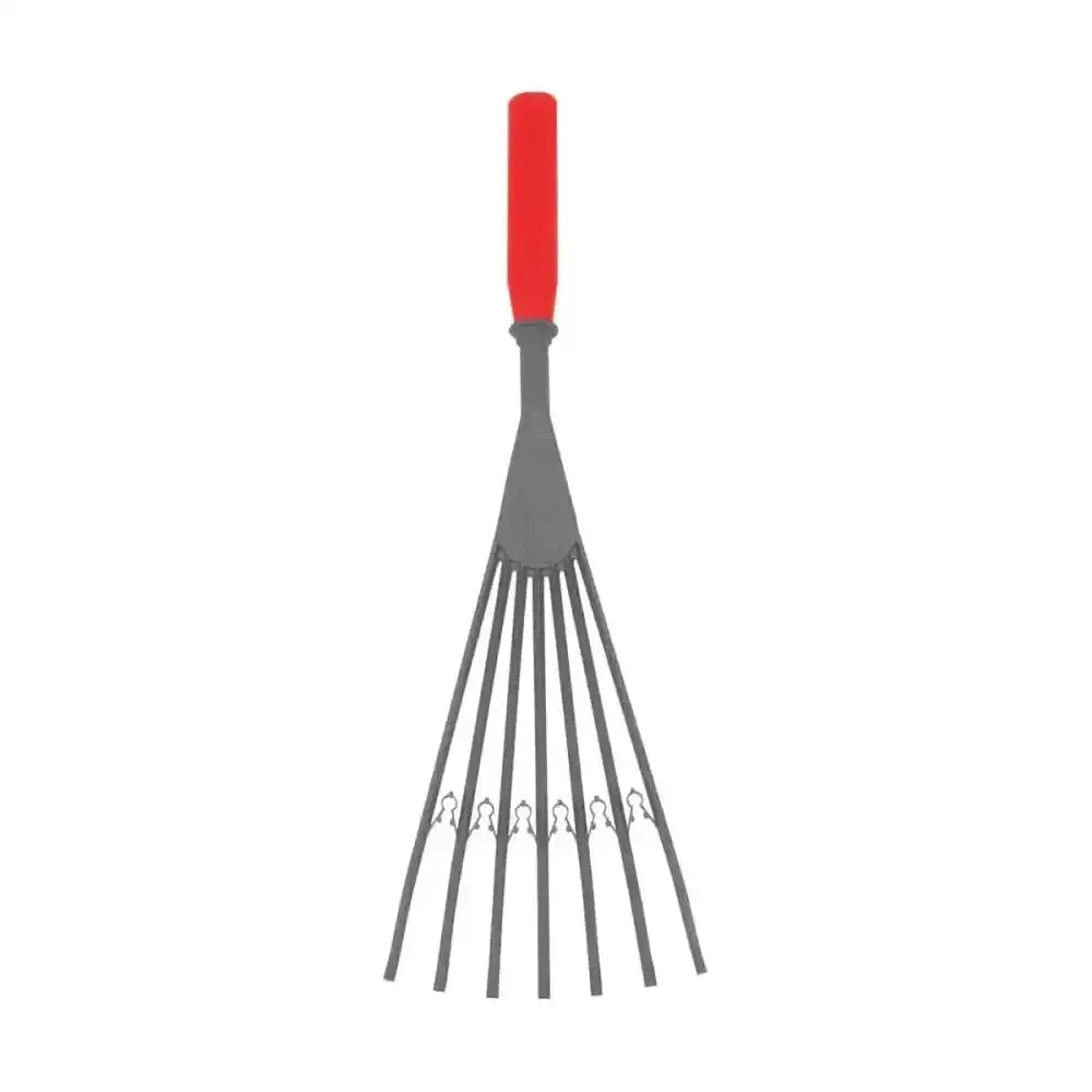 Red gorilla big tidee plastic rake with red handle gray metal tines and decorative cutouts makes collecting poo easy