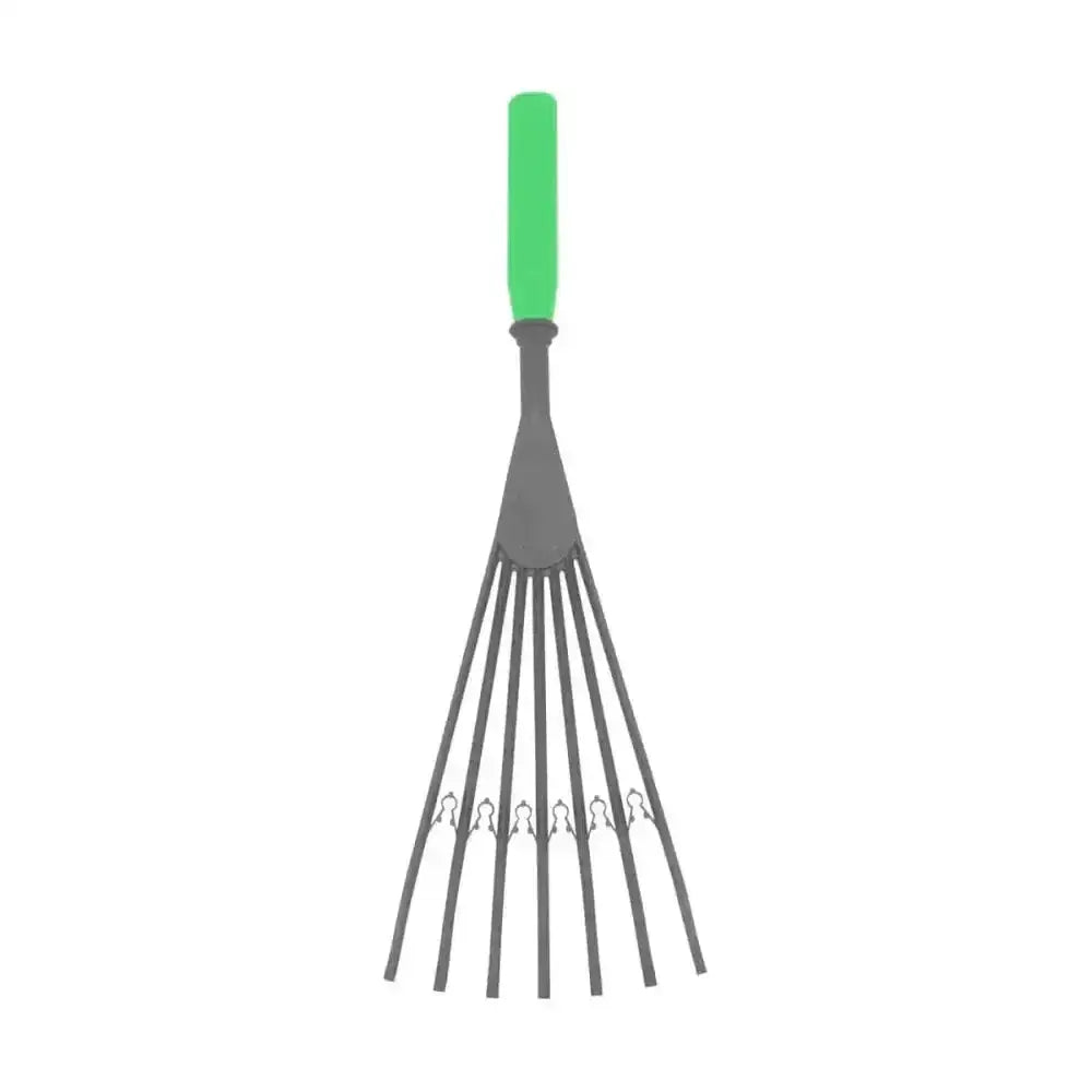 Green-handled red gorilla big tidee plastic rake with dark gray metal tines makes collecting poo easy and efficient