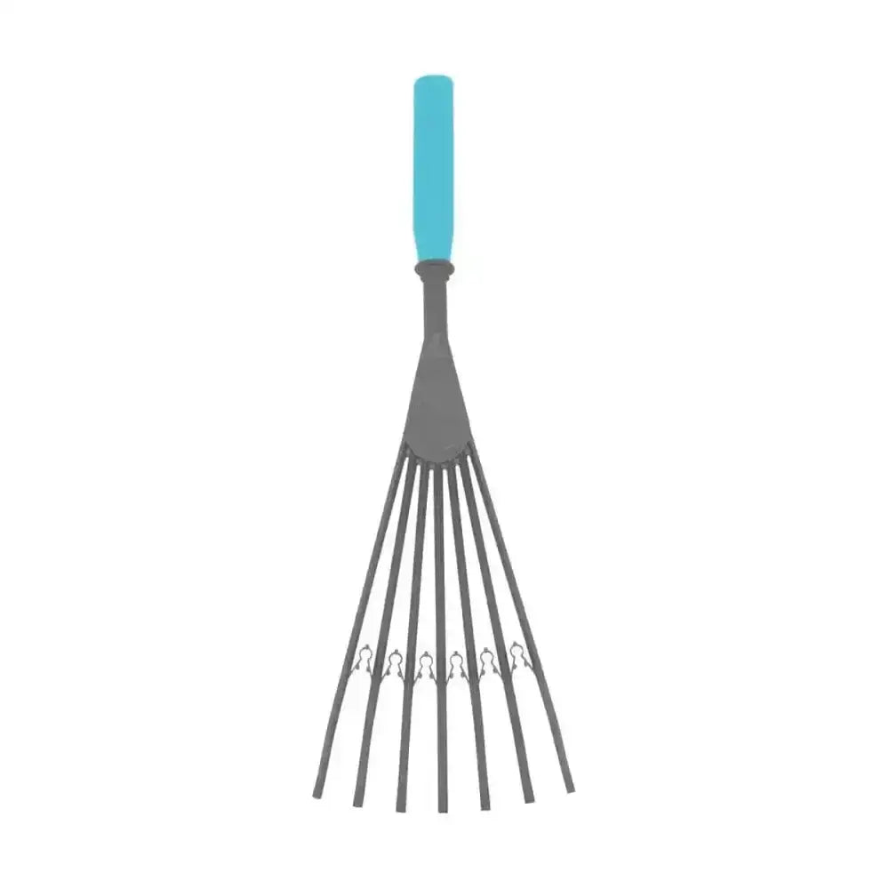 A red gorilla big tidee plastic rake with a bright blue handle and gray metal tines makes collecting poo easy