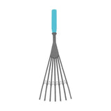 A red gorilla big tidee plastic rake with a bright blue handle and gray metal tines makes collecting poo easy