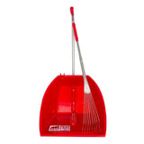 Red gorilla big tidee dustpan with long metal rake featuring red plastic handles and silver shaft with bristles