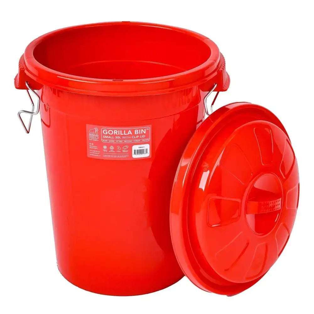 Red gorilla bin with clip lid red made of bright plastic and metal clip handles for secure storage use