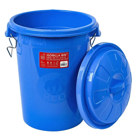 Bright blue plastic gorilla bin with clip lid blue and embossed design matching red gorilla bin style