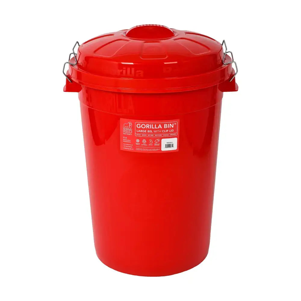 Red gorilla bin made of plastic with clip lid red and metal handles for easy carrying and secure storage