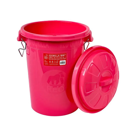 Bright pink plastic gorilla bin with clip lid pink and metal handles for easy trash storage and transport