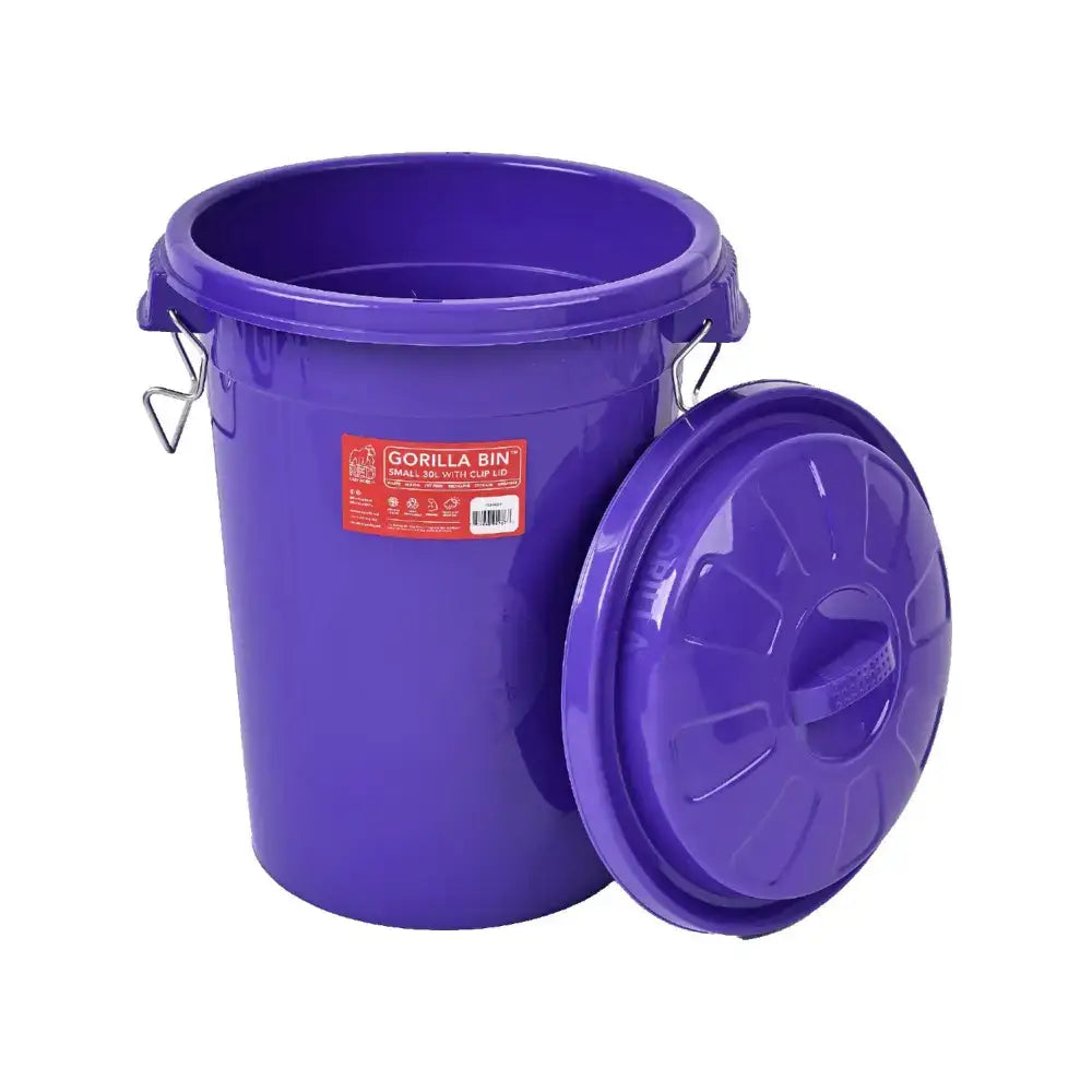 Purple plastic gorilla bin with clip lid purple and metal handles part of red gorilla storage range