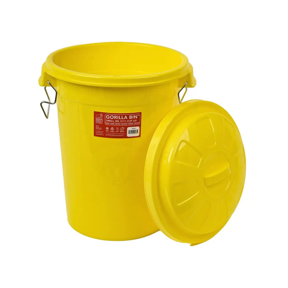 Bright yellow plastic red gorilla bin with clip lid and metal handles perfect for secure storage and transport
