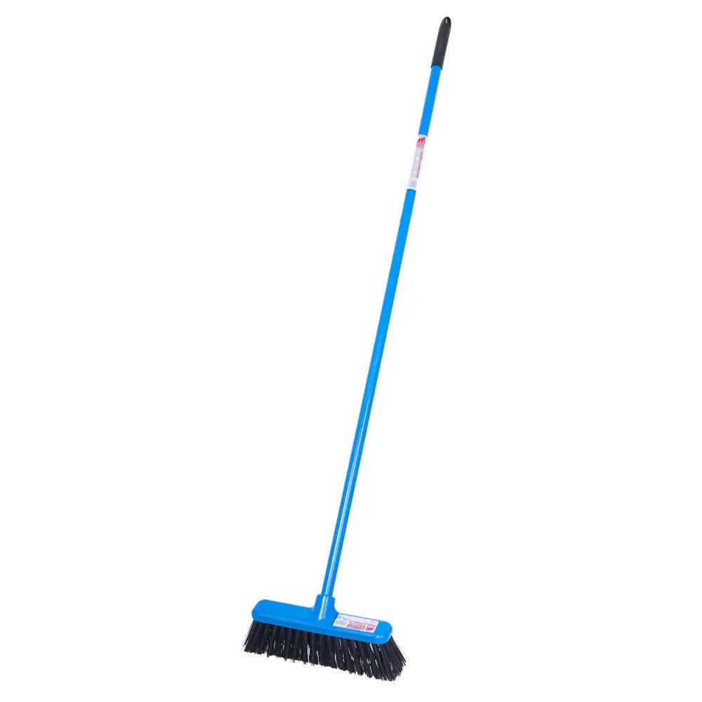 Blue broom with black bristles and handle grip showing unique features of red gorilla broom 30cm with integrated scraper blade
