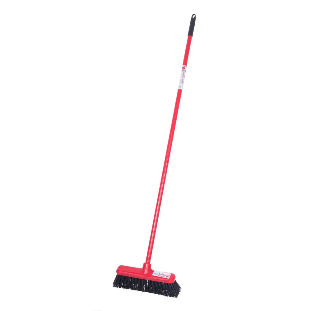 Red gorilla broom 30cm with red handle black bristles and integrated scraper blade unique features for easy cleaning