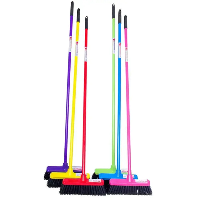 Set of colorful gorilla broom 30cm with plastic handles black bristles and matching bases featuring unique features