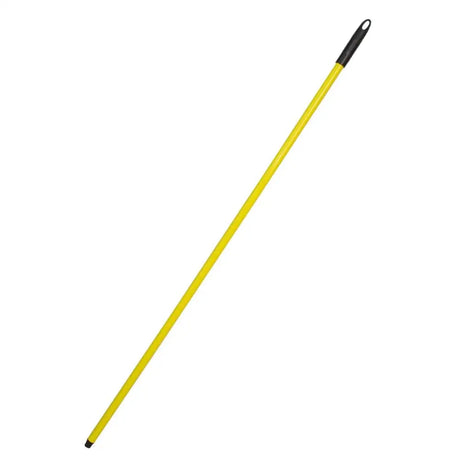 Yellow plastic coated steel mop handle with black grip and tip for red gorilla broom use