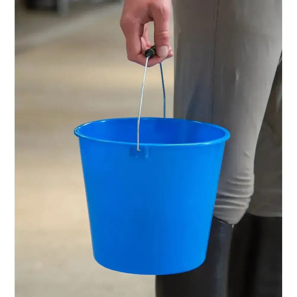 Bright blue plastic gorilla calf bucket with metal handle perfect for watering lambs and red gorilla calf use