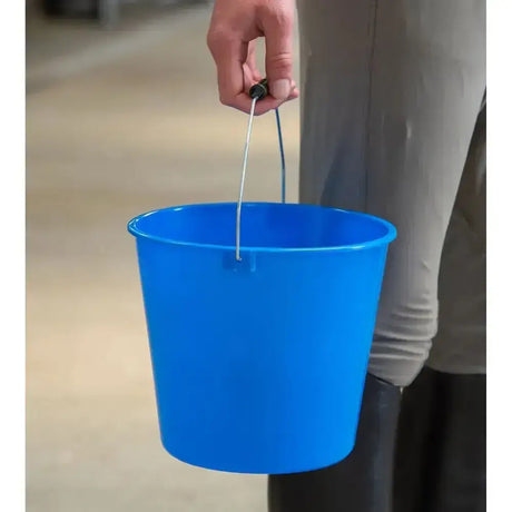 Bright blue plastic gorilla calf bucket with metal handle perfect for watering lambs and red gorilla calf use