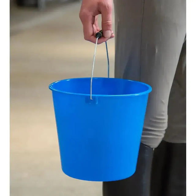 Bright blue plastic gorilla calf bucket with metal handle perfect for watering lambs and red gorilla calf use