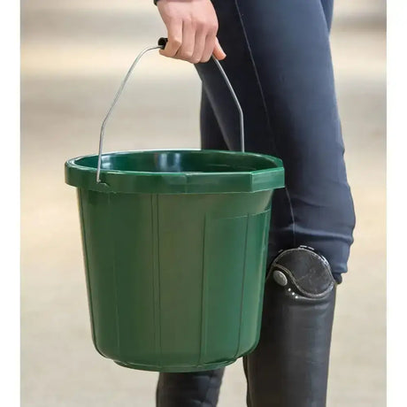 Green plastic red gorilla calf bucket with metal handle and flat pouring spout for general purpose use