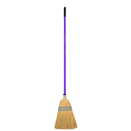 Red gorilla corn broom with purple handle natural straw bristles shaped head and black grip for easy sweeping