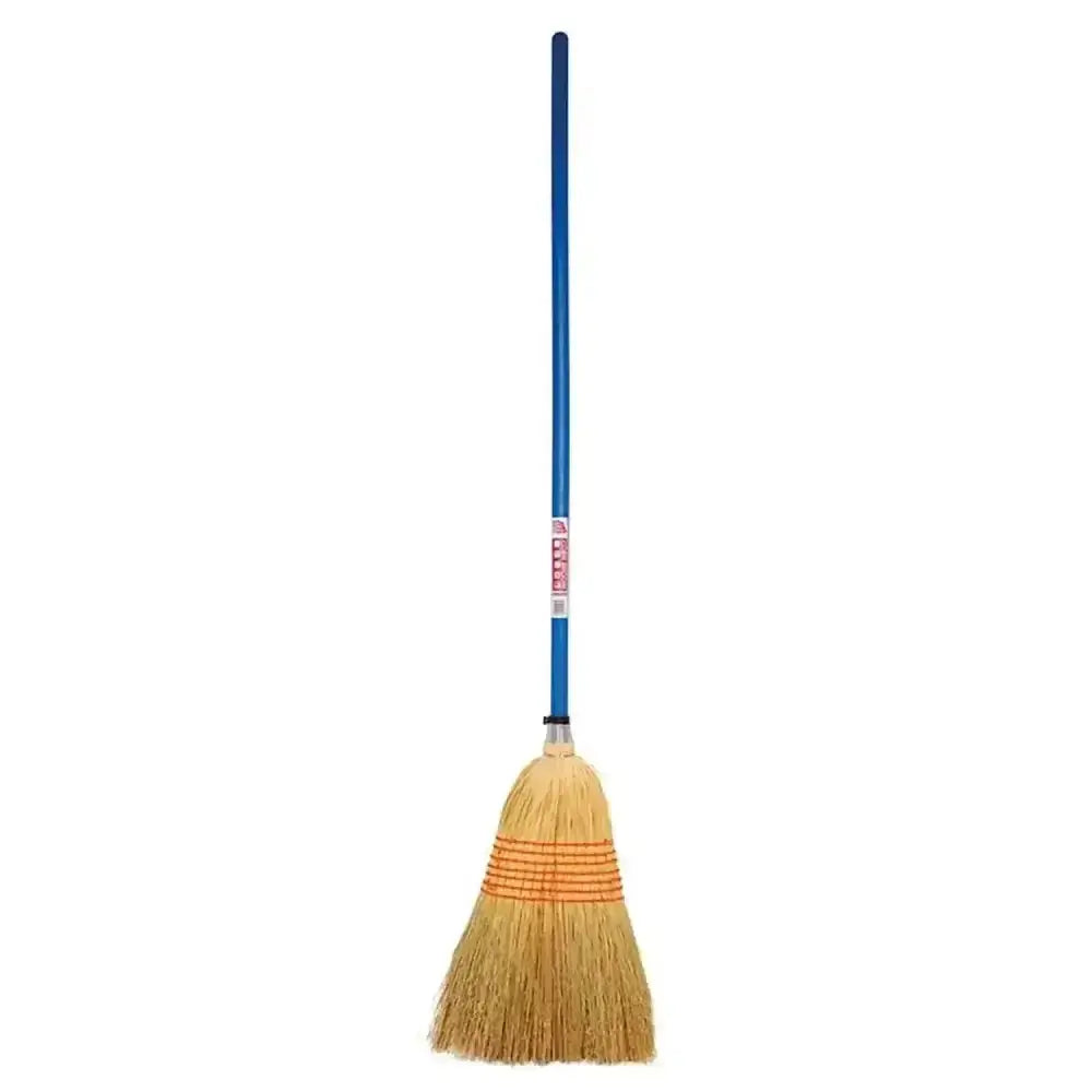 Red gorilla natural large traditional corn broom with blue handle and natural straw bristles with orange bands