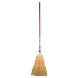 Red gorilla natural traditional corn broom with pink handle and natural straw head with orange stripes