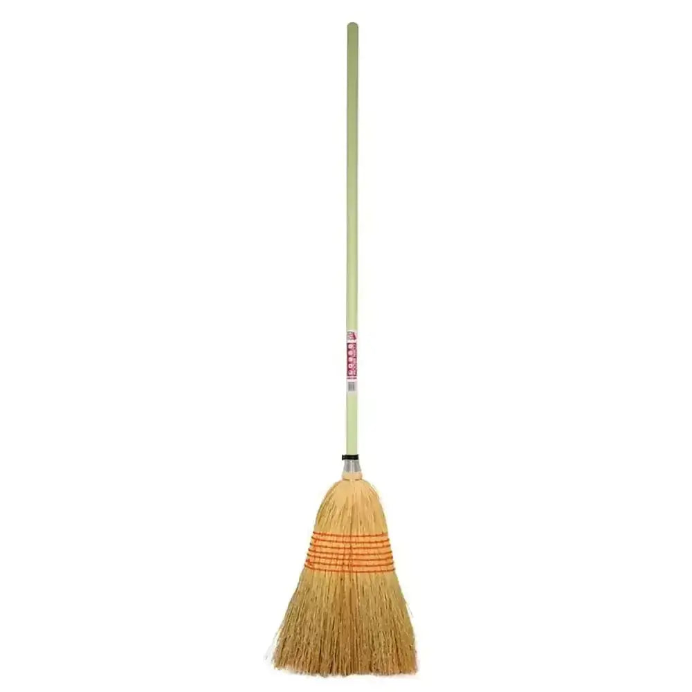 Red gorilla natural traditional corn broom with light green handle and tan bristles accented by orange stripes