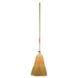 Red gorilla natural traditional corn broom with light green handle and tan bristles accented by orange stripes