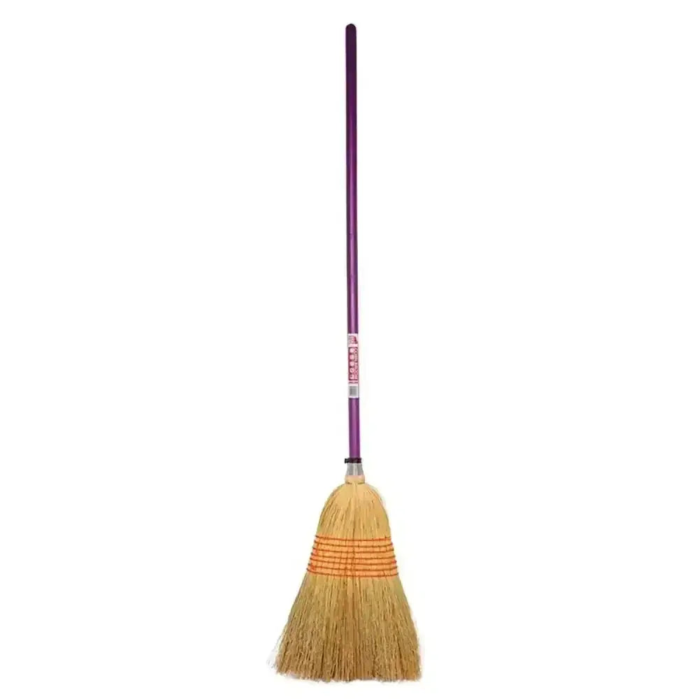 Red gorilla natural traditional corn broom with purple handle and orange bound natural straw bristles