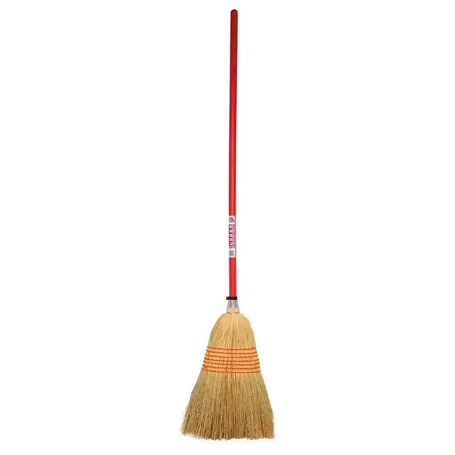 Red gorilla natural large traditional corn broom with red handle and natural straw bristles with orange stripes