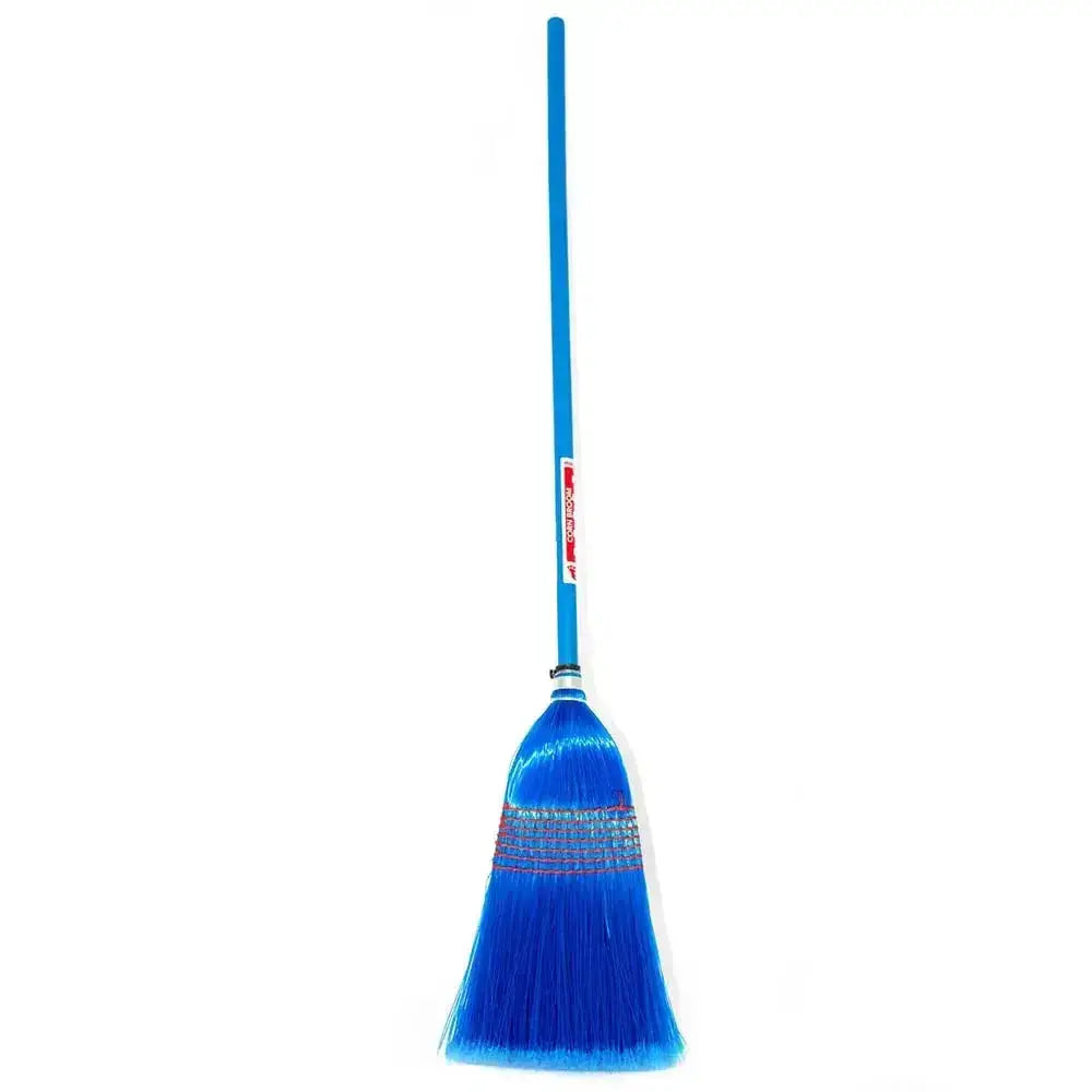 Red gorilla deluxe broom with blue plastic handle vibrant blue bristles and woven mesh band for easy clean sweeps