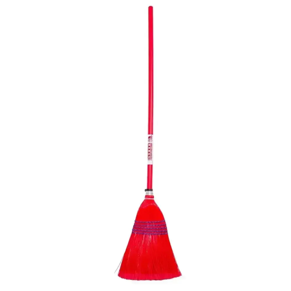 Red gorilla deluxe broom with long handle and natural fiber bristles for easy clean sweeps in red color