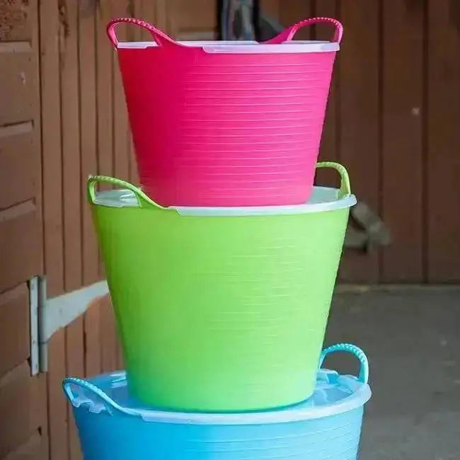 Stacked brightly colored plastic red gorilla feed bucket lids in pink green and blue for ultimate stackable storage