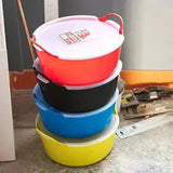 Stacked set of four colorful plastic red gorilla feed bucket lids with handles in red black blue and yellow translucent colors