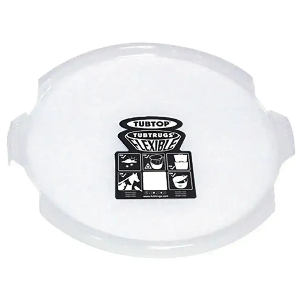 Transparent white flexible tub top with black red gorilla feed label for ultimate stackable storage bucket lids